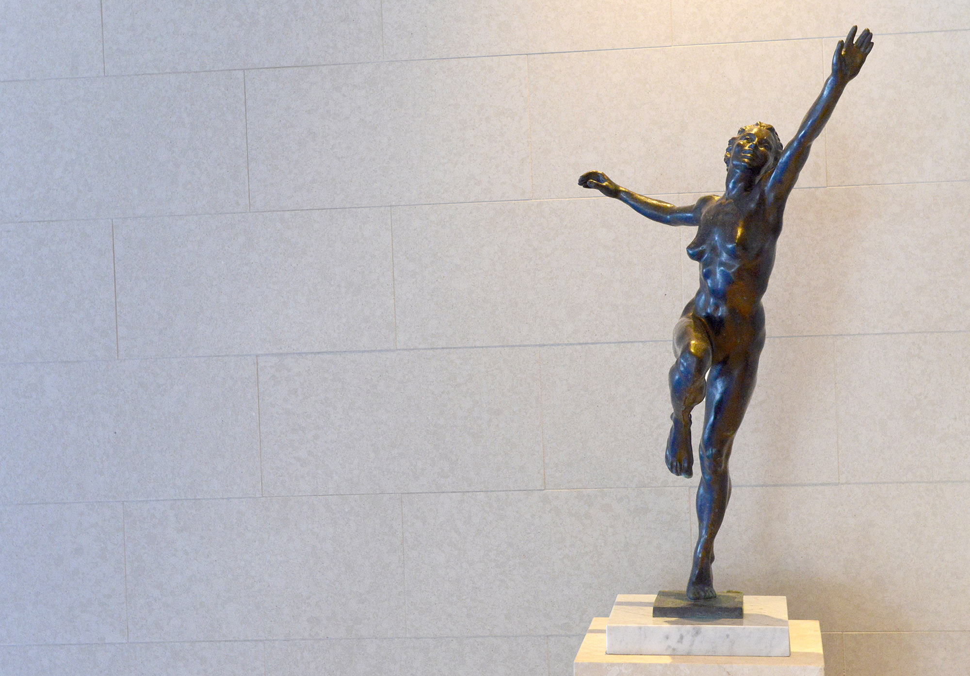 Kirsten Kokkin (først 1951) har kunstverk plassert over hele verden. Også på Vestlia Resort på Geilo. Joy ble opprinnelig laget for idrettshøyskolen i Oslo. Her uttrykker kvinnen glede over å være ung, fysisk sterk og full av selvtillit