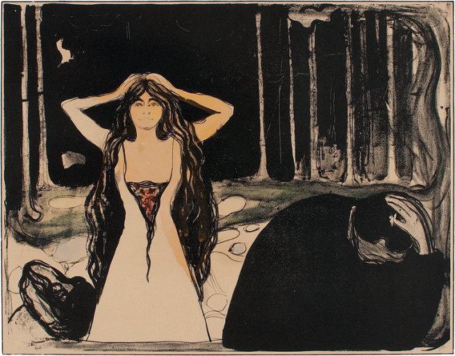Edvard Munch, Aske II, 1899. Litografi trykket i sort. Håndkolorert med vannfarger i rødt, blått, grønt, gult og oransje. The Gundersen Collection.