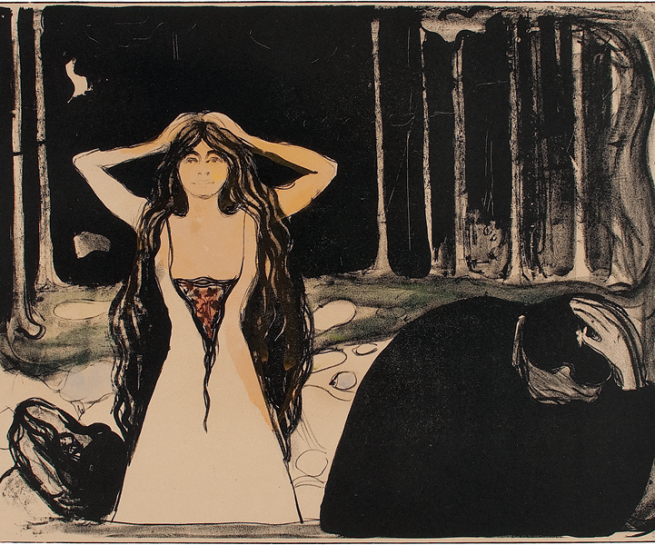 Edvard Munch, Aske II, 1899. Litografi trykket i sort. Håndkolorert med vannfarger i rødt, blått, grønt, gult og oransje. The Gundersen Collection.