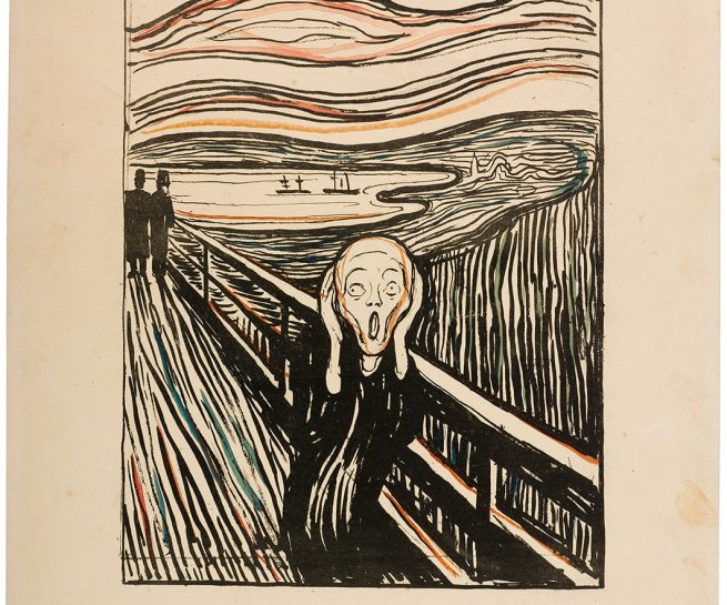 Litografi trykket i sort og håndkolorert i rødt, oransje, blått og grønt. The Gundersen Collection er en imponerende samling av kunst og norske bondeantikviteter. Store deler av samlingen er stilt ut på hotellet Vestlia Resort i fjellbygda Geilo, Norge. The Gundersen Collection har også Norges viktigste private samling med grafikk av Edvard Munch. Ikke minst flere håndkolorerte grafiske verk.