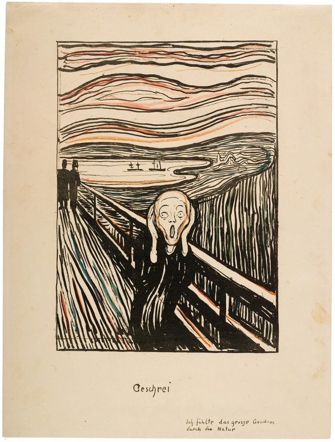 Litografi trykket i sort og håndkolorert i rødt, oransje, blått og grønt. The Gundersen Collection er en imponerende samling av kunst og norske bondeantikviteter. Store deler av samlingen er stilt ut på hotellet Vestlia Resort i fjellbygda Geilo, Norge. The Gundersen Collection har også Norges viktigste private samling med grafikk av Edvard Munch. Ikke minst flere håndkolorerte grafiske verk.