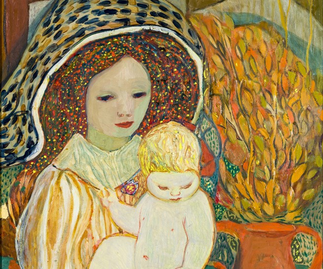 Det var særlig to temaer i kunstneren Kai Fjell sin produksjon. Spillemannen og kvinnen. Kvinnen er symbolet på naturen og fruktbarheten. Mor og barn, 1944, olje på plate, 60 x 49 cm.