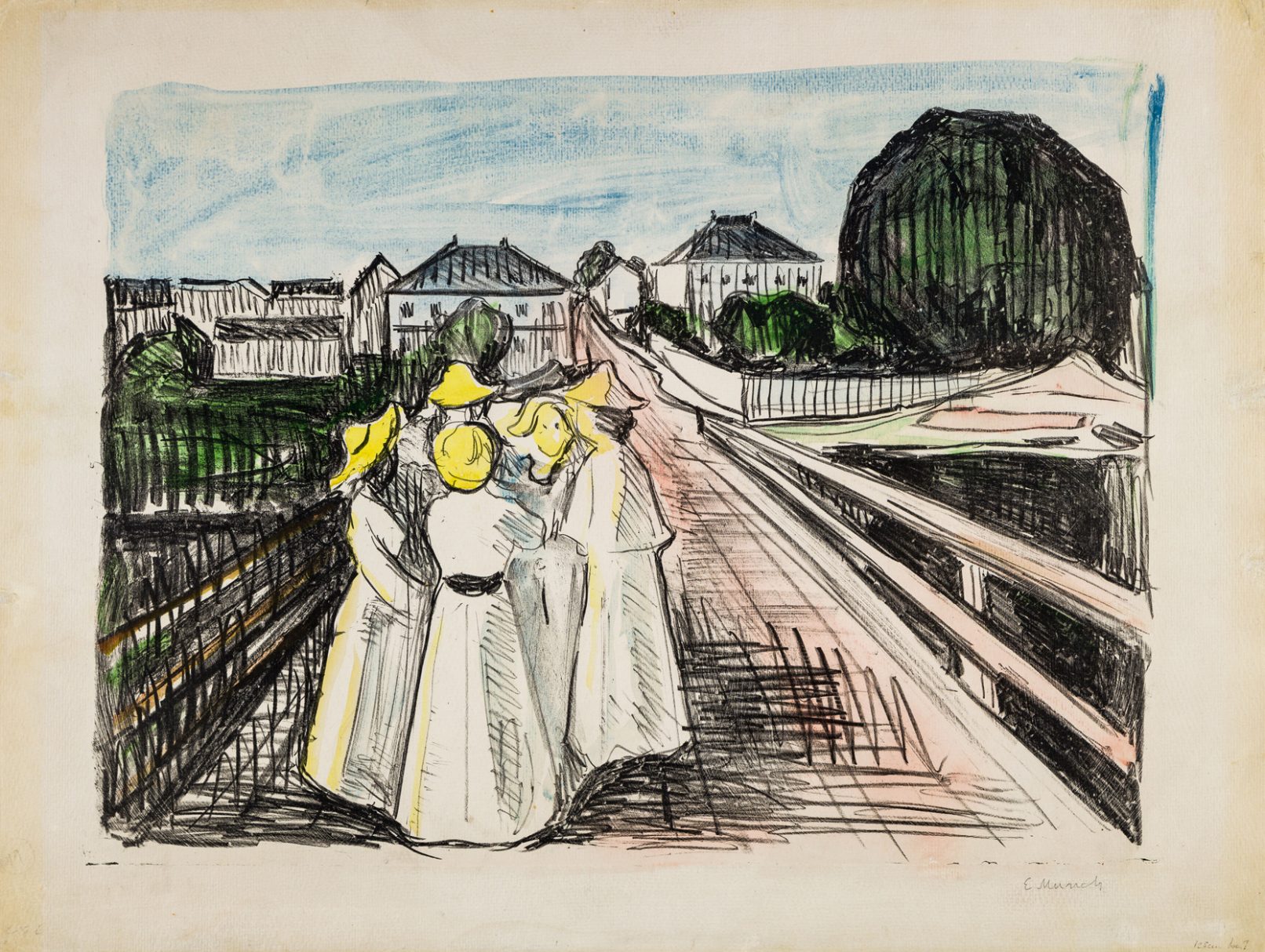 The Gundersen Collection er en imponerende samling av kunst og norske bondeantikviteter. Store deler av samlingen er stilt ut på hotellet Vestlia Resort i fjellbygda Geilo, Norge. The Gundersen Collection har også Norges viktigste private samling med Munch-grafikk. Ikke minst flere håndkolorerte grafiske verk. Her ser vi litografiet "På broen" av Edvard Munch. 1912-13, håndkolorert. Litografi trykket i sort og håndkoloret i gult, rødt, blått og grønt