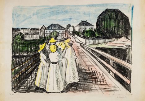 The Gundersen Collection er en imponerende samling av kunst og norske bondeantikviteter. Store deler av samlingen er stilt ut på hotellet Vestlia Resort i fjellbygda Geilo, Norge. The Gundersen Collection har også Norges viktigste private samling med Munch-grafikk. Ikke minst flere håndkolorerte grafiske verk. Her ser vi litografiet "På broen" av Edvard Munch. 1912-13, håndkolorert. Litografi trykket i sort og håndkoloret i gult, rødt, blått og grønt