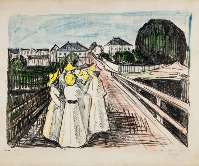 The Gundersen Collection er en imponerende samling av kunst og norske bondeantikviteter. Store deler av samlingen er stilt ut på hotellet Vestlia Resort i fjellbygda Geilo, Norge. The Gundersen Collection har også Norges viktigste private samling med Munch-grafikk. Ikke minst flere håndkolorerte grafiske verk. Her ser vi litografiet "På broen" av Edvard Munch. 1912-13, håndkolorert. Litografi trykket i sort og håndkoloret i gult, rødt, blått og grønt