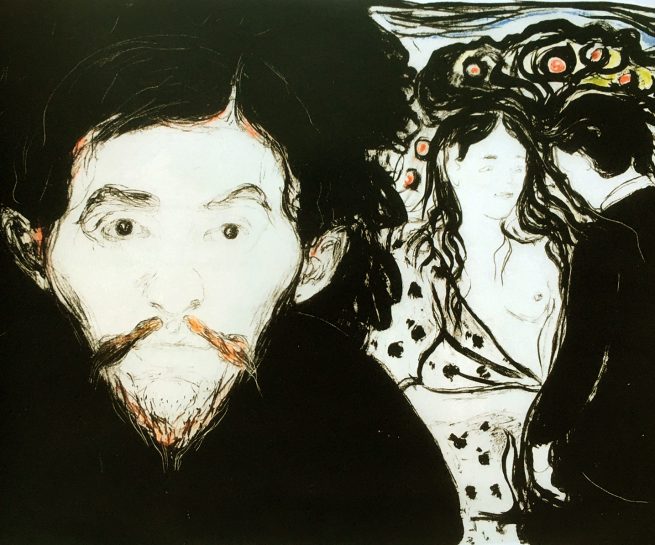 The Gundersen Collection er en imponerende samling av kunst og norske bondeantikviteter. Store deler av samlingen er stilt ut på hotellet Vestlia Resort i fjellbygda Geilo, Norge. The Gundersen Collection har også Norges viktigste private samling med Munch-grafikk. Ikke minst flere håndkolorerte grafiske verk. Her ser vi Edvard Munch, "Sjalusi I", 1896. Litografi trykket i sort håndkolorert med akvarell i rødt, grønt og blått. Signert nede til høyre med blyant: Edv Munch.