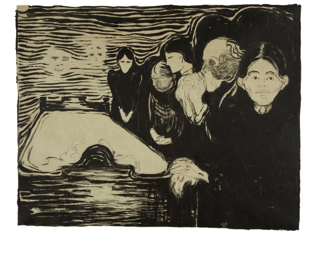 Edvard Munch, Ved dødssengen 1896. Litografi trykt i sort. The Gundersen Collection.