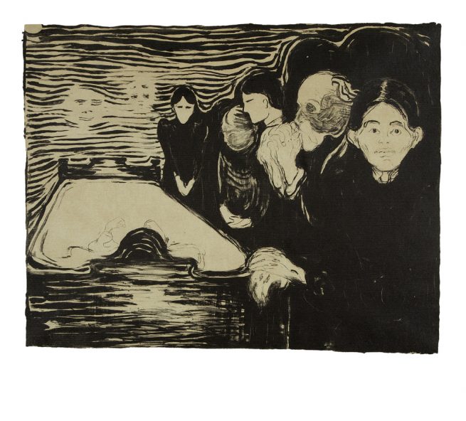 Edvard Munch, Ved dødssengen 1896. Litografi trykt i sort. The Gundersen Collection.