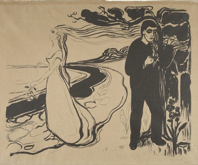 Edvard Munch, Løsrivelse I, 1896. Litografi trykt i sort. The Gundersen Collection.