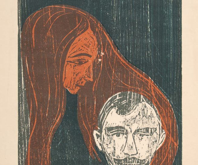 Edvard Munch, Mannshode i kvinnehår, 1896. Fargetresnitt trykket i blått, grått og oransje. The Gundersen Collection.