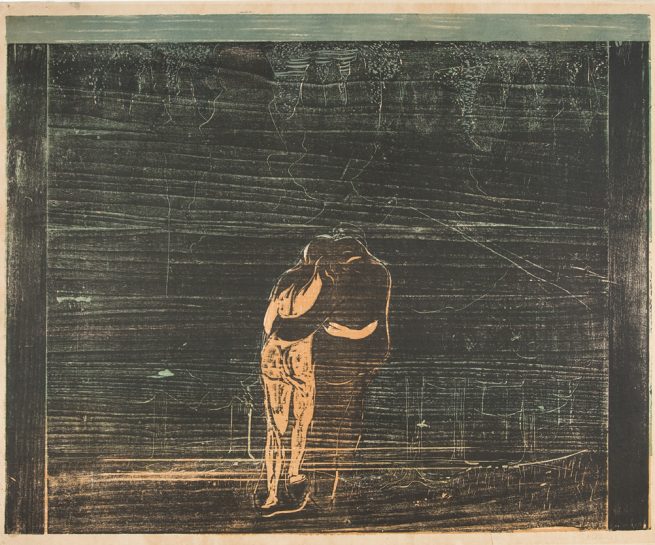 Edvard Munch, Mot skogen I, 1897. Tresnitt trykket i blågrønt, oransje og sort. The Gundersen Collection.