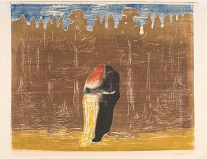 Edvard Munch, Mot skogen II, 1915. Tresnitt trykket i blått, rødt, sort, brunt, oliven og gulgrønt. The Gundersen Collection.