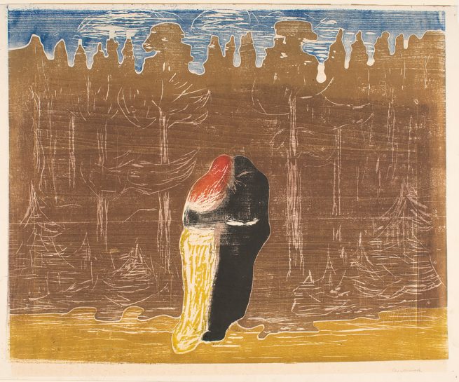 Edvard Munch, Mot skogen II, 1915. Tresnitt trykket i blått, rødt, sort, brunt, oliven og gulgrønt. The Gundersen Collection.