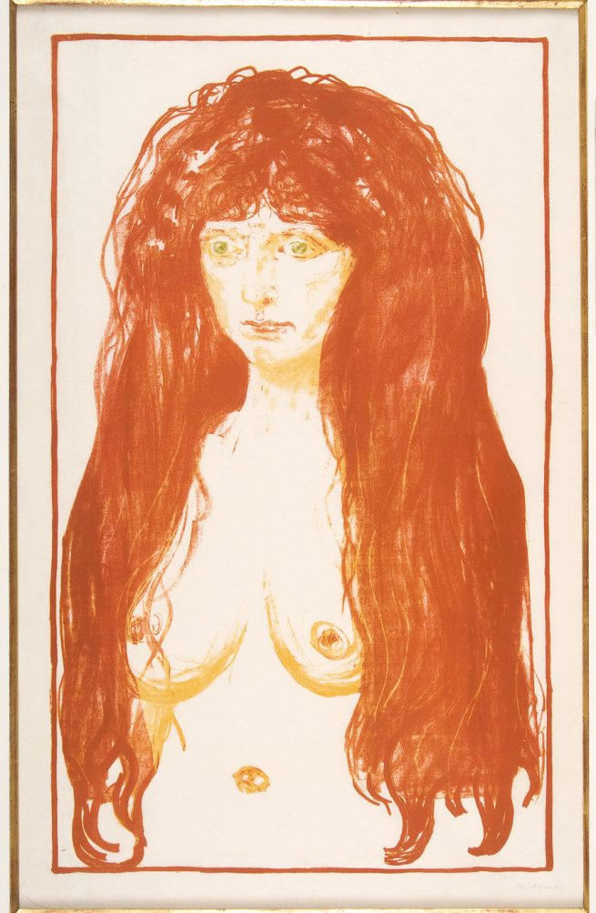 Edvard Munch, Synden, 1902. Litografi trykt i oransje, gult og grønt. The Gundersen Collection.