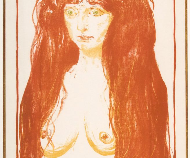 Edvard Munch, Synden, 1902. Litografi trykt i oransje, gult og grønt. The Gundersen Collection.