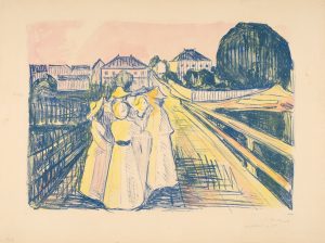 Edvard Munch, På broen, 1912-13. Litografi trykket i blått og håndkolorert i gult, rosa, oransje og grønt. The Gundersen Collection
