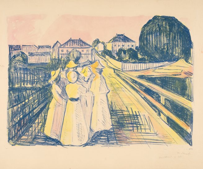 Edvard Munch, På broen, 1912-13. Litografi trykket i blått og håndkolorert i gult, rosa, oransje og grønt. The Gundersen Collection