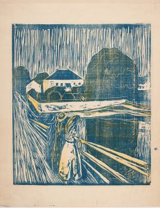 Edvard Munch, "Pikene på broen", 1918. Tresnitt og zinkografi trykt i blått og gult. The Gundersen Collection.