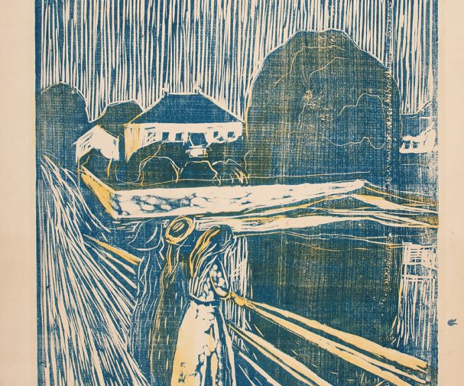 Edvard Munch, "Pikene på broen", 1918. Tresnitt og zinkografi trykt i blått og gult. The Gundersen Collection.