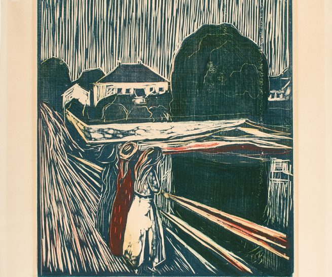 Edvard Munch, "Pikene på broen", 1918. Tresnitt og zinkografi trykt i rødt, blått, gult og grønt. The Gundersen Collection.