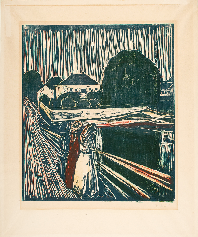 Edvard Munch, "Pikene på broen", 1918. Tresnitt og zinkografi trykt i rødt, blått, gult og grønt. The Gundersen Collection.