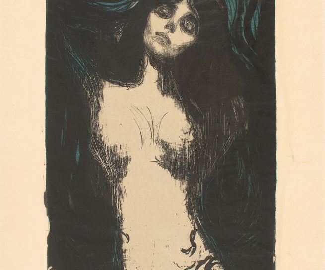 Edvard Munch, "Madonna", 1895/1902. Litografi trykket i sort, beige, blått og rødt. The Gundersen Collection.