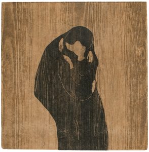 Edvard Munch, "Kyss IV", 1902. Tresnitt trykt i sort og grått. The Gundersen Collection.