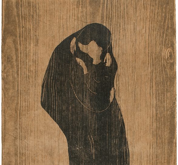 Edvard Munch, "Kyss IV", 1902. Tresnitt trykt i sort og grått. The Gundersen Collection.