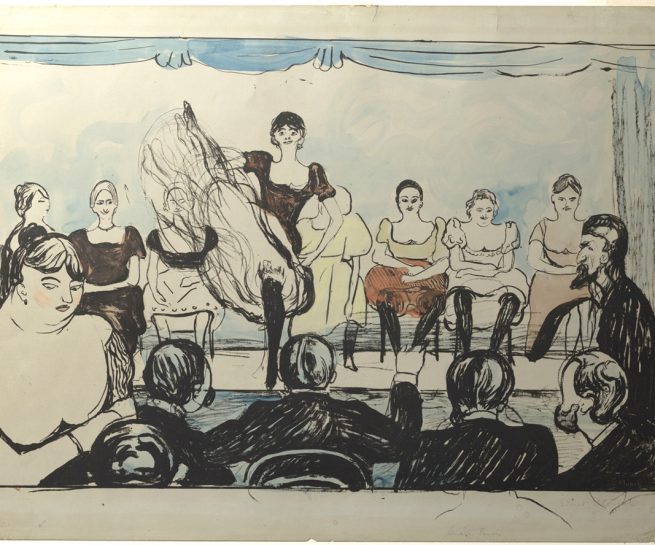 Edvard Munch, "Tingeltangel", 1895. Litografi trykket i sort, håndkolorert med akvarell og goauche i blått, rødt, rosa og gult. The Gundersen Collection.