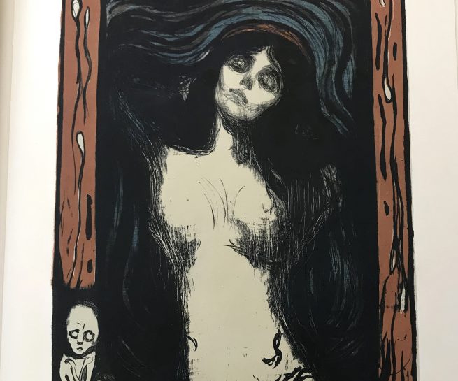 Edvard Munch, Madonna, 1895/1902 Litografi trykket i sort, rødt, blått og oliven grønt. The Gundersen Collection