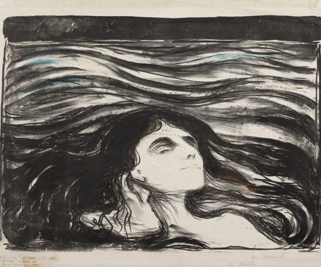Edvard Munch, "På kjærlighetens bølger", 1896. Litografi trykket i sort, håndkolorert med blått. The Gundersen Collection.