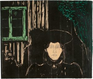 Edvard Munch, Måneskinn, 1896. Tresnitt trykket i grått, sort, grønt, blågrønt og blekgult. The Gundersen Collection.