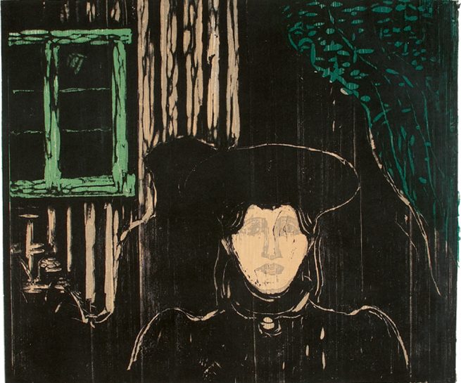 Edvard Munch, Måneskinn, 1896. Tresnitt trykket i grått, sort, grønt, blågrønt og blekgult. The Gundersen Collection.