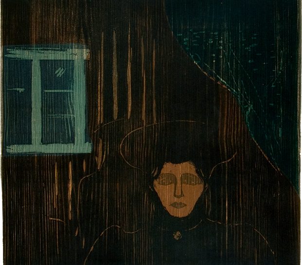 Edvard Munch, Måneskinn, 1902. Tresnitt trykket i sort, brungult, grønt og blått. The Gundersen Collection.