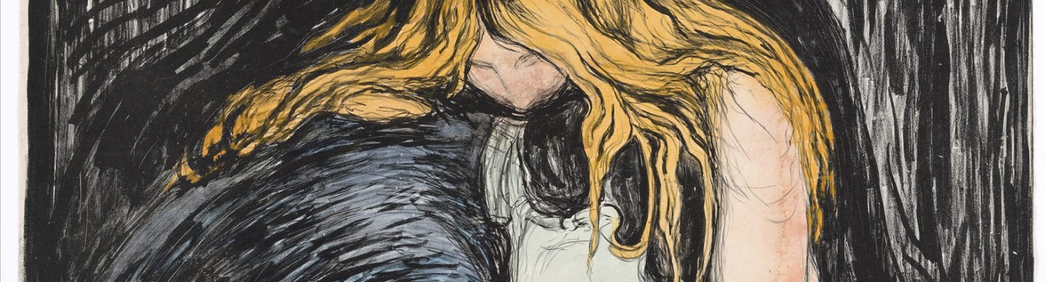 Edvard Munch, Vampyr II, 1895 Litografi trykket i sort. Håndkolorert i blått, gult, lysegrønt og rosa. The Gundersen Collection