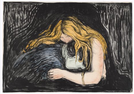 Edvard Munch, Vampyr II, 1895 Litografi trykket i sort. Håndkolorert i blått, gult, lysegrønt og rosa. The Gundersen Collection