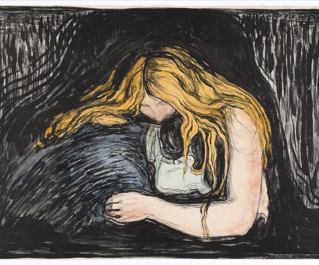 Edvard Munch, Vampyr II, 1895 Litografi trykket i sort. Håndkolorert i blått, gult, lysegrønt og rosa. The Gundersen Collection
