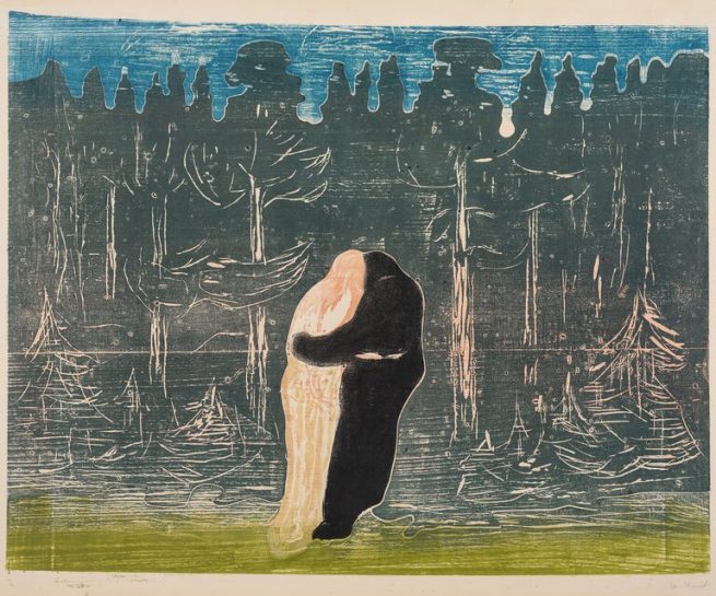 Edvard Munch Mot Skogen II, 1915 Fargetresnitt trykket i fem farger, blått, mørkegrønt, rosa, lysegrønt og sort på middels tynt gulhvitt papir Papirmål: 565-580x709 Trykkmål:505-522x650 Signert nede til høyre med blyant: Edv Munch 1915 Woll 541.